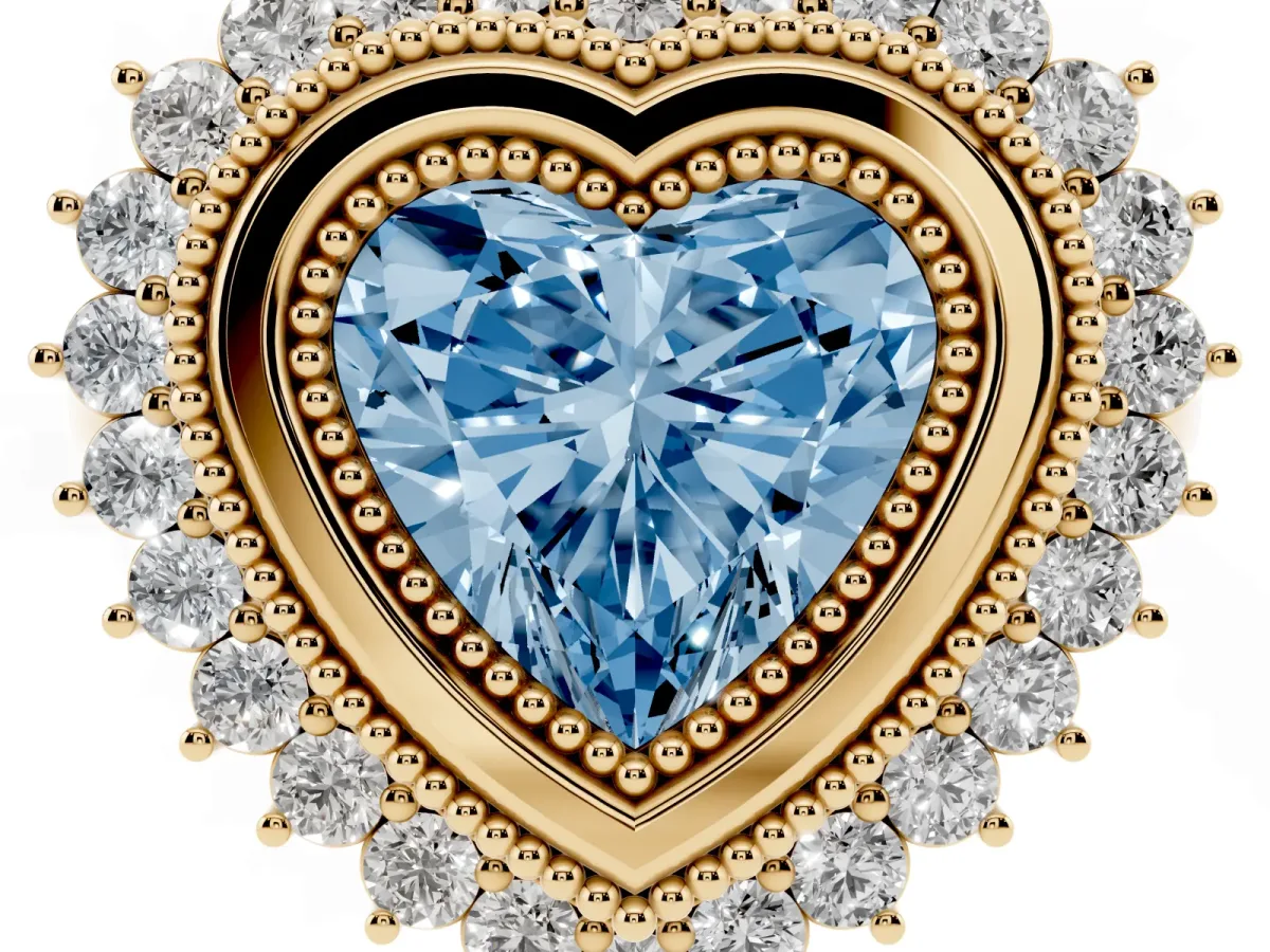 Fancy Blue Heart Cut Halo Diamond Ring with Milgrain Edge and Round Prong Setting Yellow gold