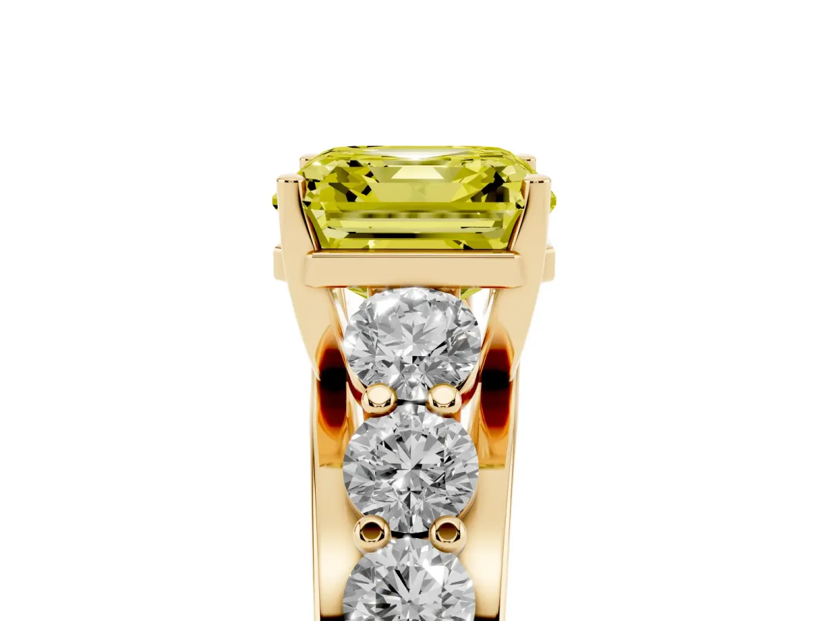 Fancy Yellow Asscher Cut Diamond Engagement Ring with Pavé Band and Four-Prong Setting Yellow gold