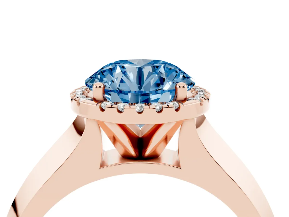 Fancy Blue Round Cut Halo Diamond Ring with Cathedral Band and Four-Prong Setting Rose gold