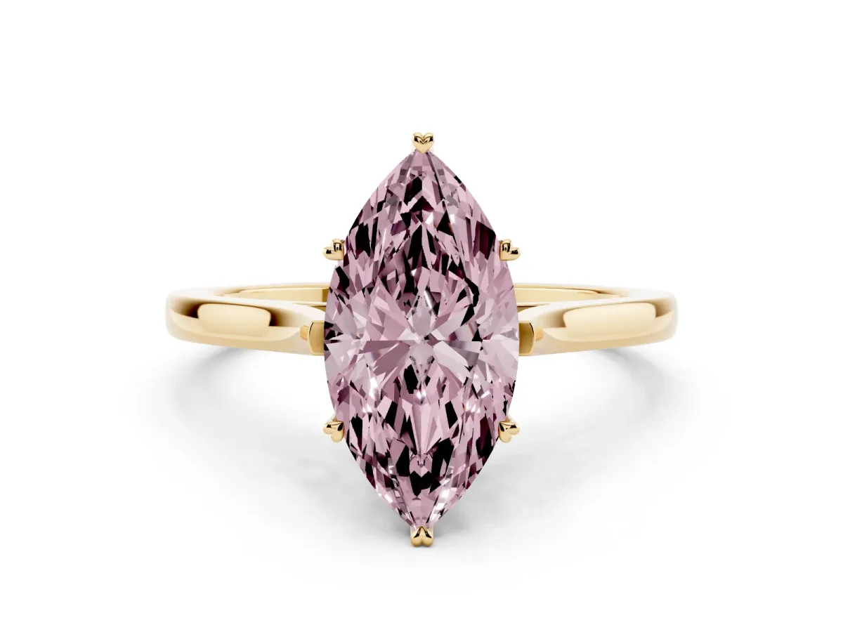 Fancy Pink Marquise Cut Solitaire Heart Prong Engagement Ring with Tapered Band Yellow gold