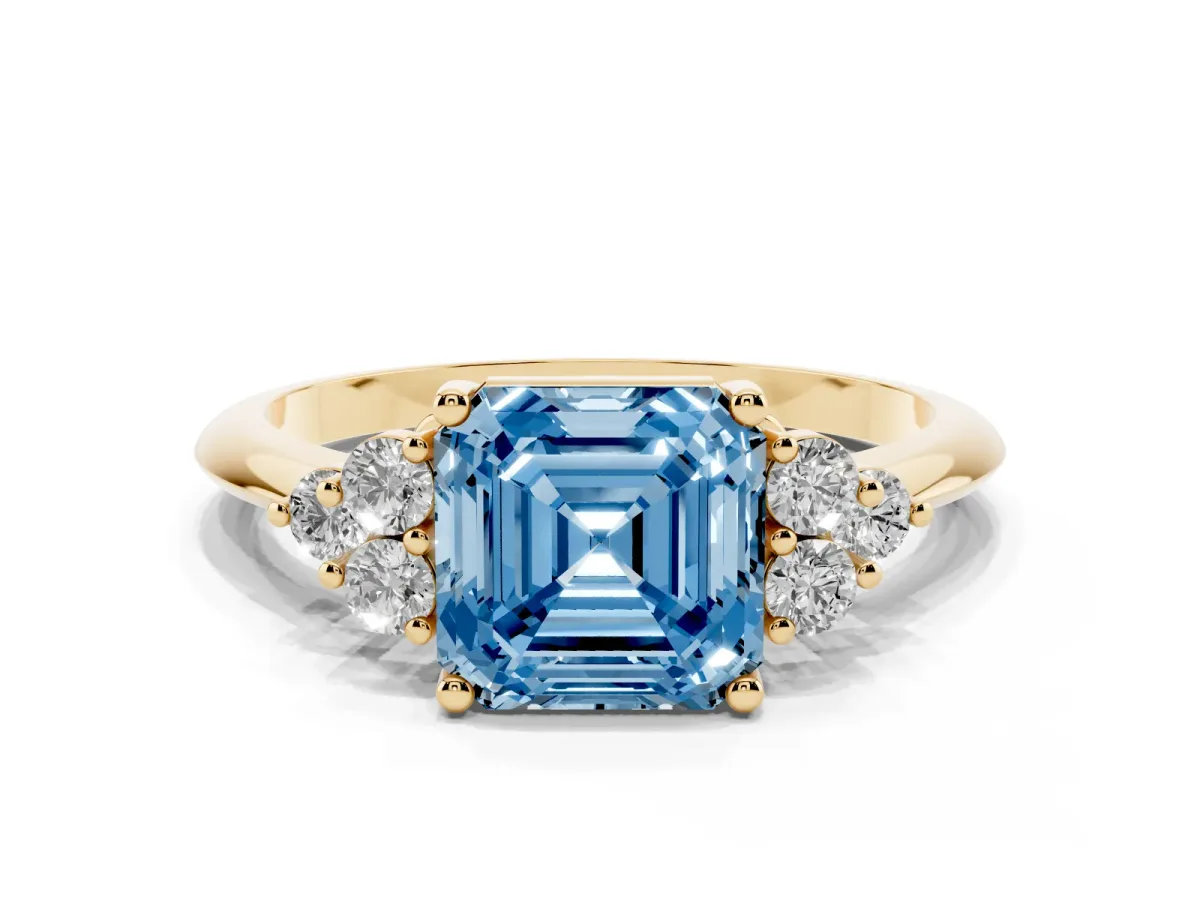 Fancy Blue Asscher Cut Cut Diamond Cluster Ring with Solitaire Band and Four-Prong Setting Yellow gold