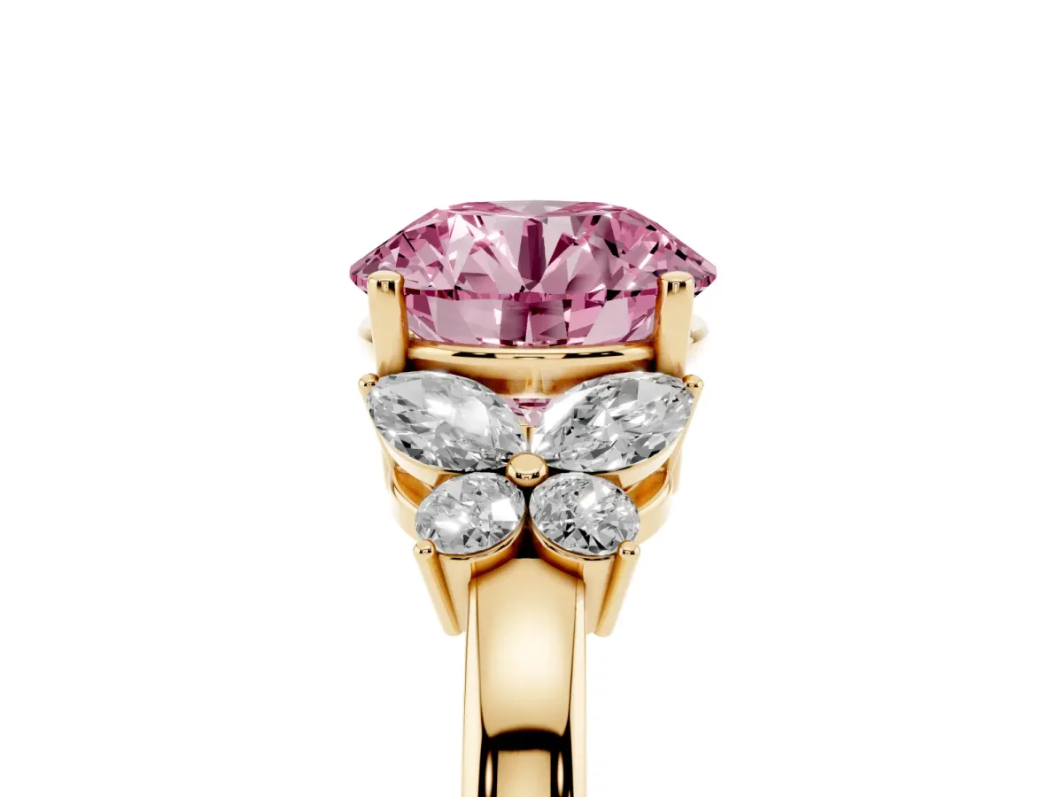 Fancy Pink Round Cut Cut Solitaire Floral Diamond Ring with Four-Prong Setting Yellow gold