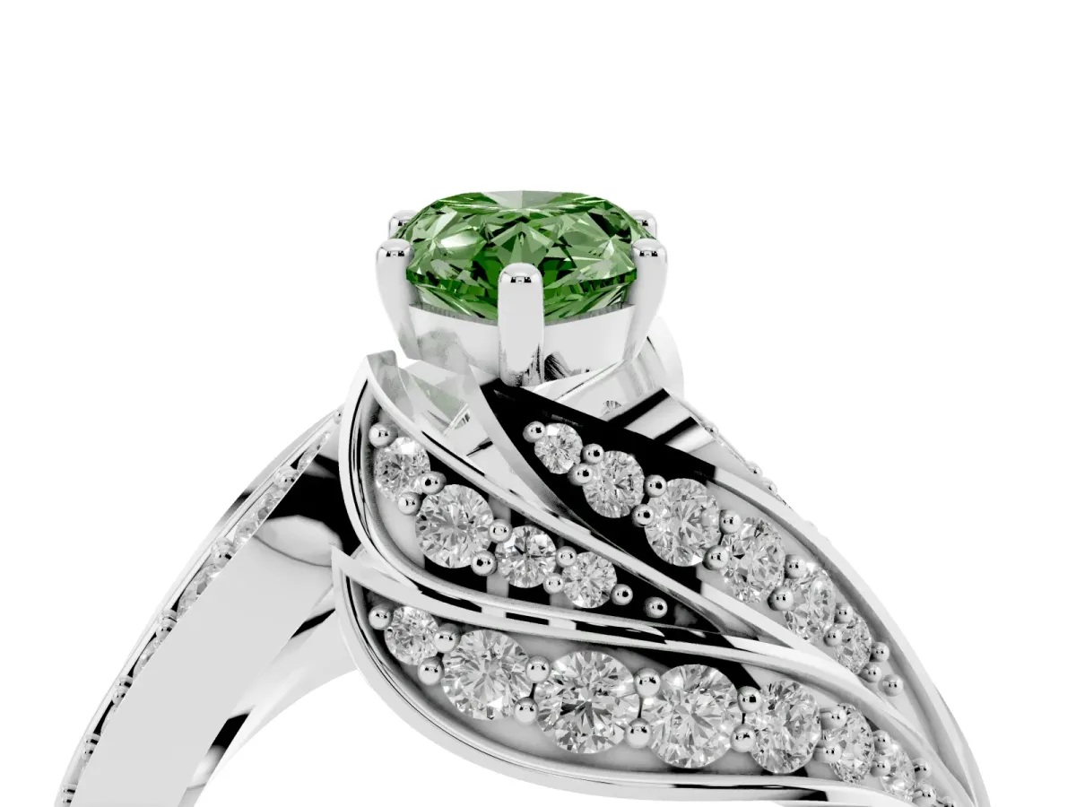 Fancy Green Pear Cut Diamond Solitaire Ring with Prong Setting and Twisted Pavé Band Silver