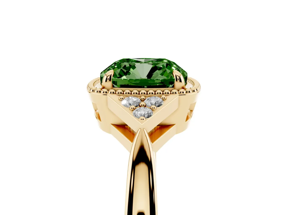 Fancy Green Hexagonal Halo Cushion Cut Diamond Solitaire with Pavé Band and Four-Prong Setting Yellow gold