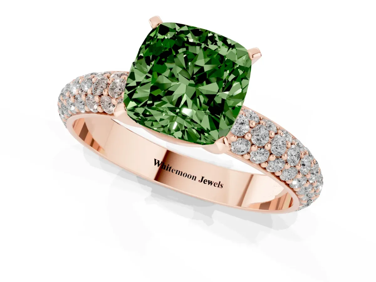 Fancy Green Cushion Cut Diamond Solitaire Ring with Prong Setting and Pavé Band Rose gold