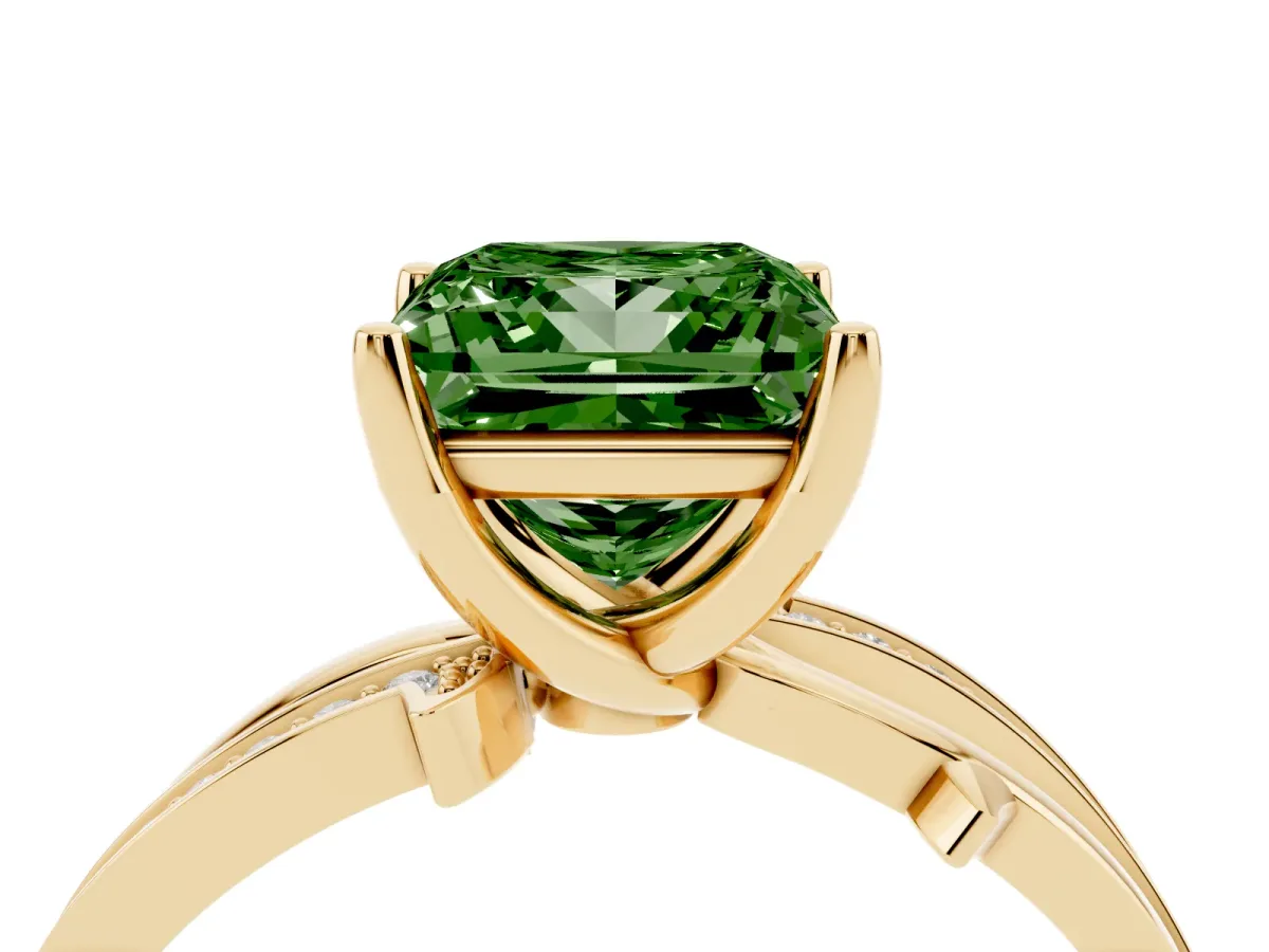 Fancy Green Princess Cut Solitaire Twist Band with Pavé Accents and Four-Prong Setting Yellow gold