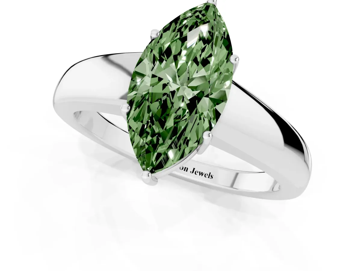 Fancy Green Marquise Cut Solitaire Diamond Ring with Tapered Band and Four-Prong Setting Platinum