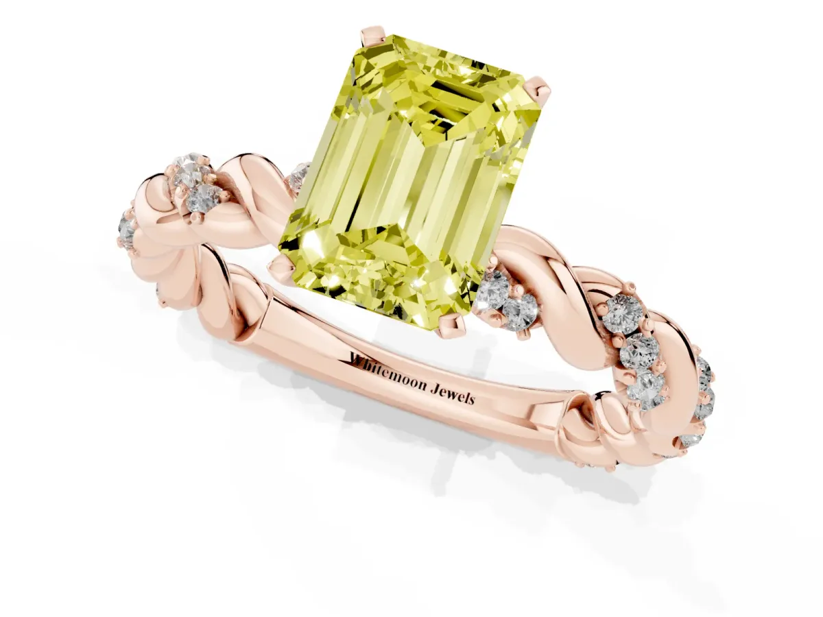 Fancy Yellow Emerald Cut Diamond Solitaire Ring with Twisted Band and Pavé Accents Rose gold