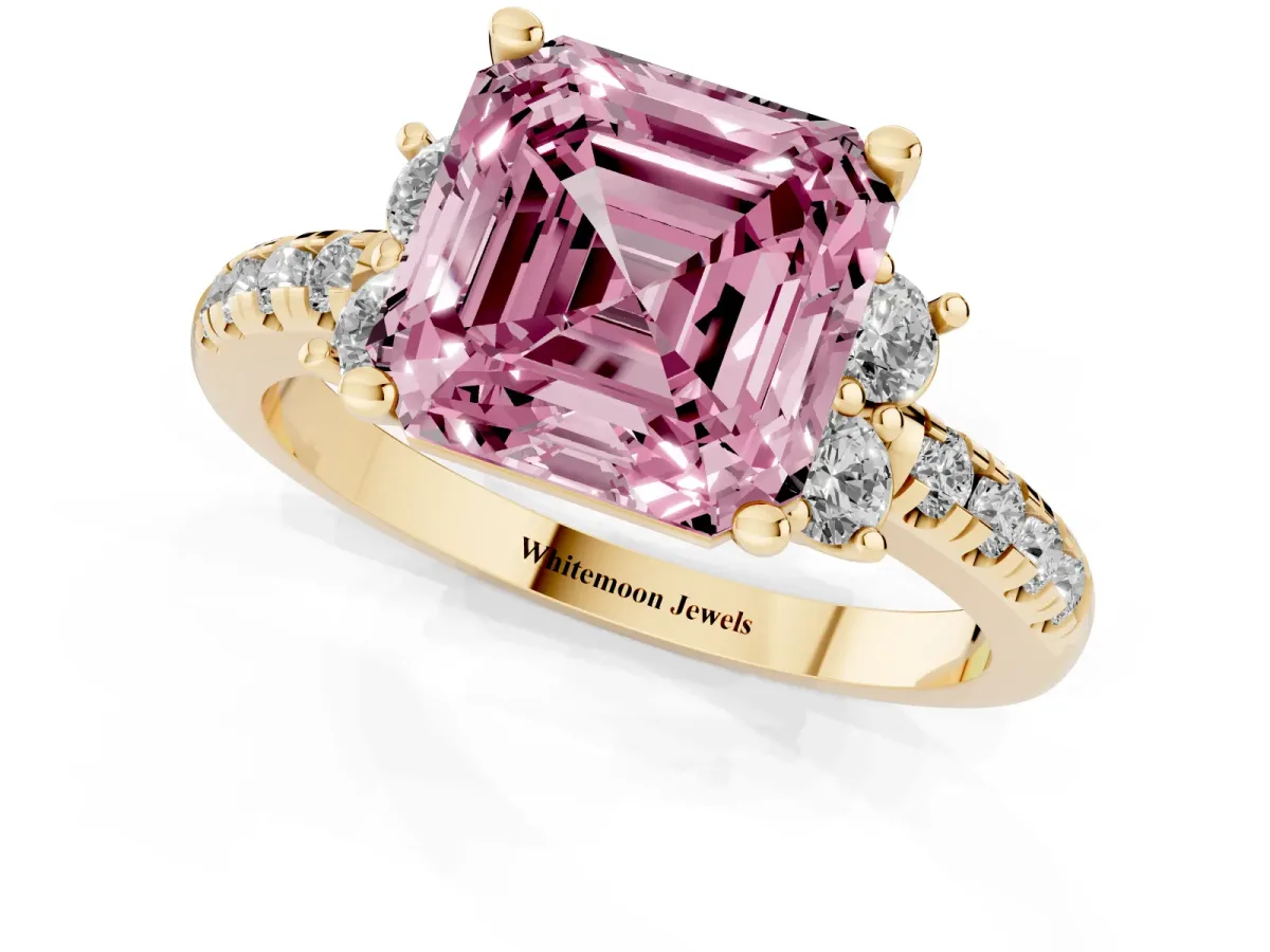 Fancy Pink Asscher Cut Diamond Three-Stone Pave Band with Four-Prong Setting Yellow gold