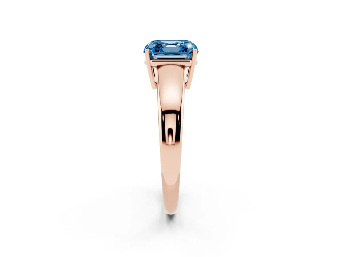 Fancy Blue Asscher Cut Solitaire Diamond Ring with Tapered Band and Four-Prong Setting Rose gold