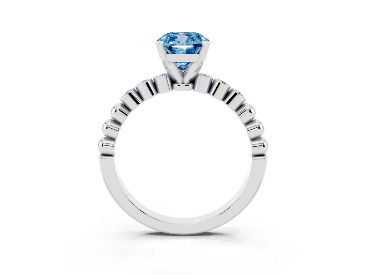 Fancy Blue Cushion Cut Solitaire Bezel Accent Diamond Engagement Ring with Beaded Band and Four-Prong Setting Silver
