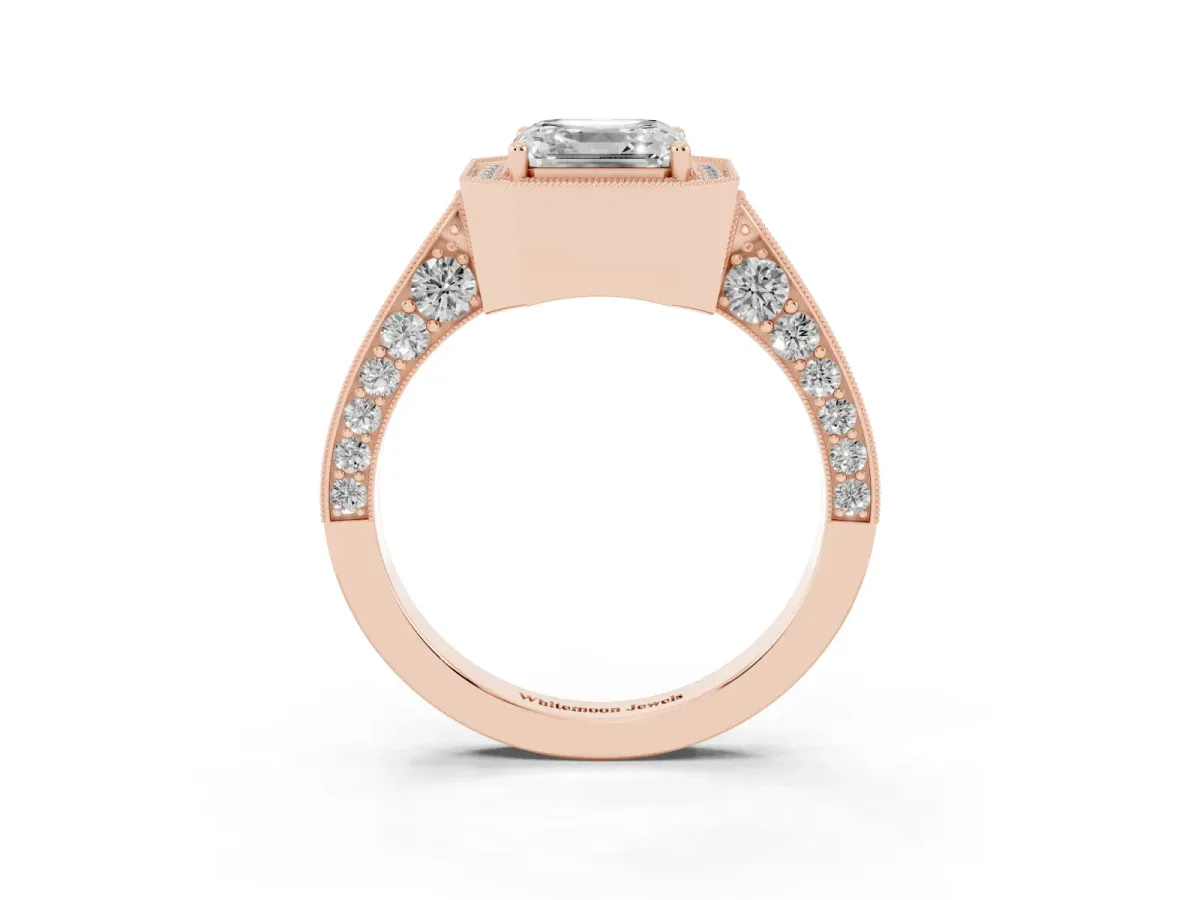 Asscher Cut Halo Diamond Engagement Ring with Split Shank Band and Four-Prong Setting Rose gold