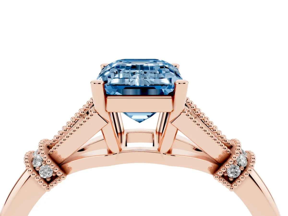 Fancy Blue Emerald Cut Diamond Solitaire Ring with Floral Filigree and Pave Accents Rose gold