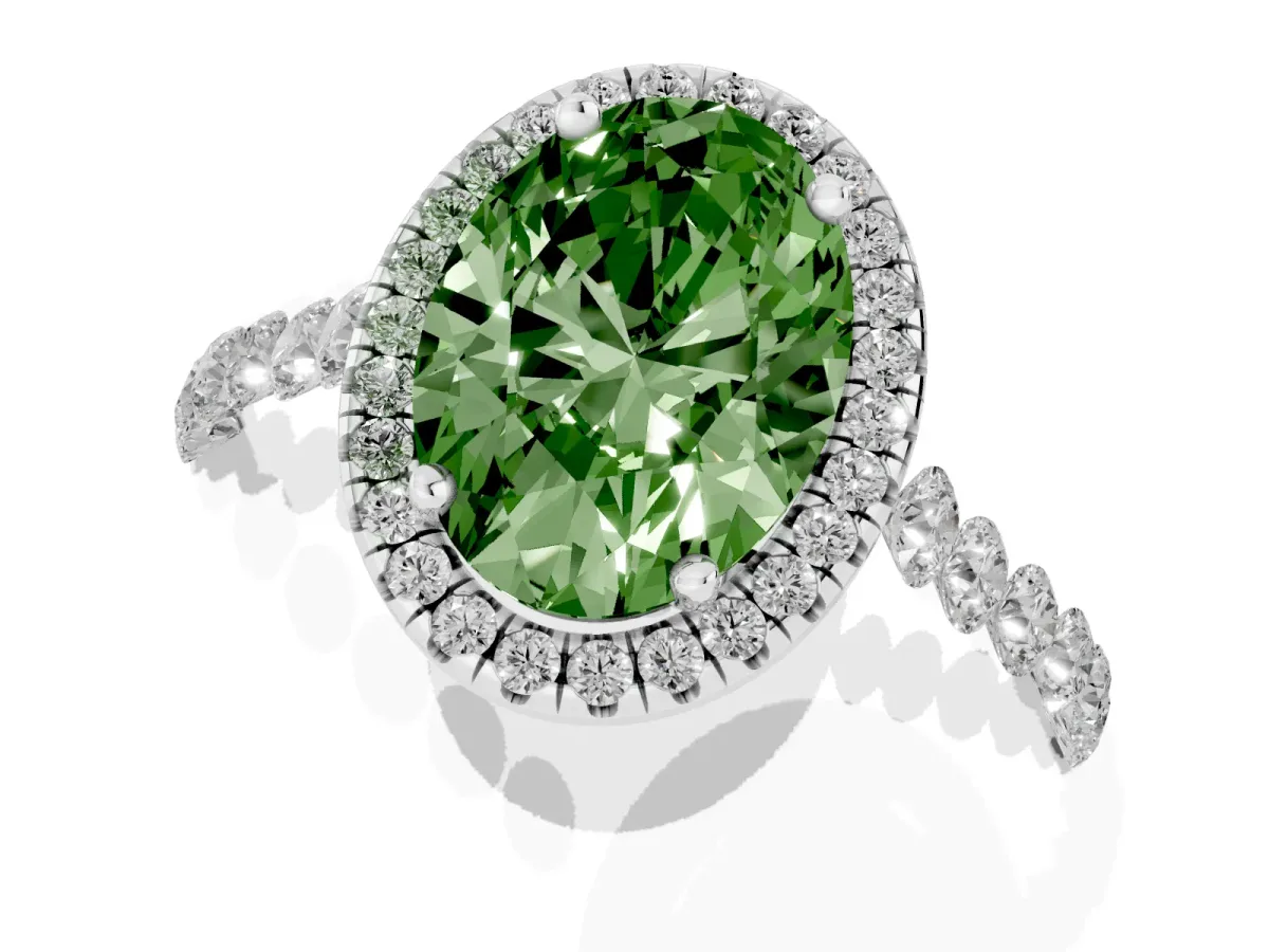 Fancy Green Oval Cut Halo Pavé Diamond Engagement Ring with Four-Prong Setting Silver
