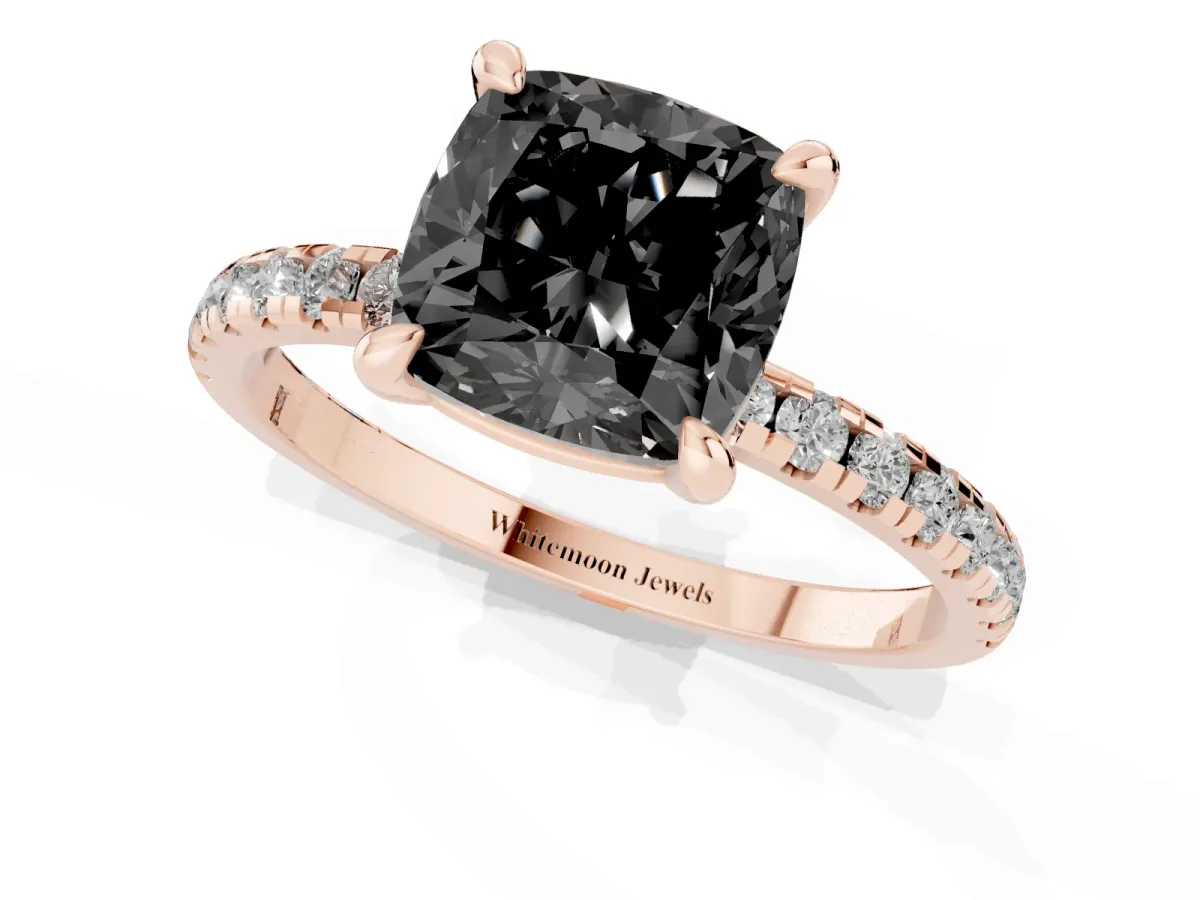 Fancy Black Cushion Cut Diamond Brilliant Solitaire Ring with Pavé Band and Four-Prong Setting Rose gold