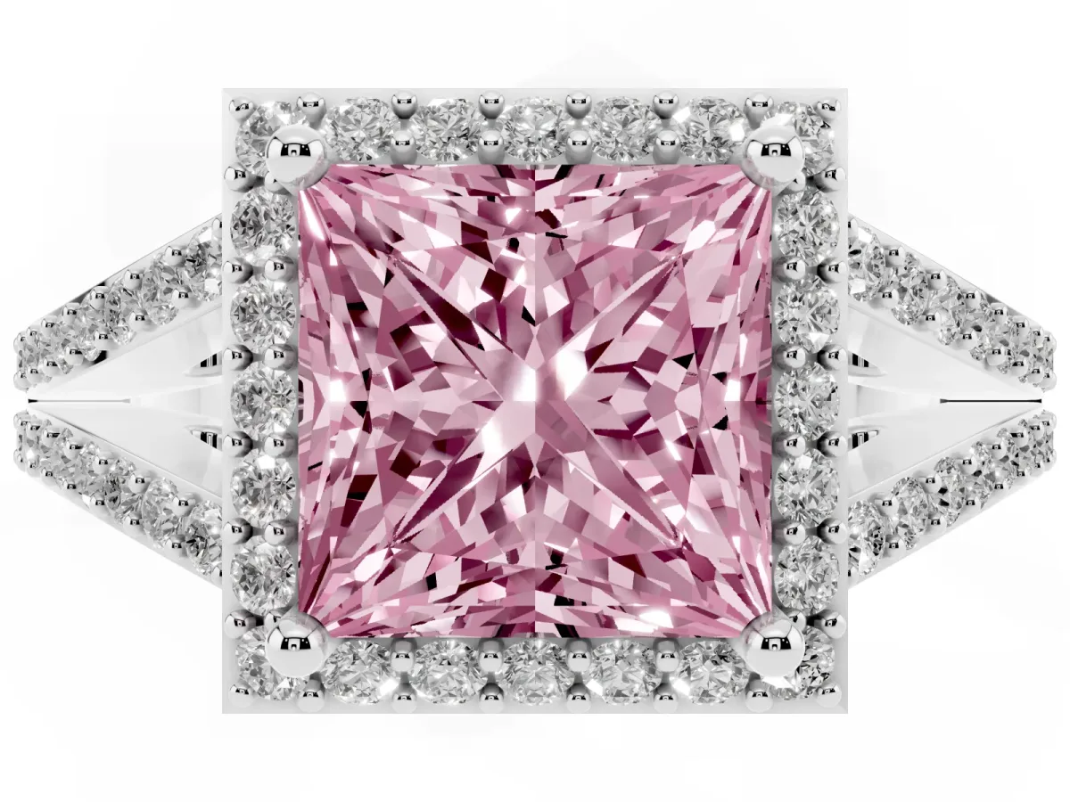 Fancy Pink Princess Cut Halo Split Shank Pave Diamond Ring with Four-Prong Setting Silver