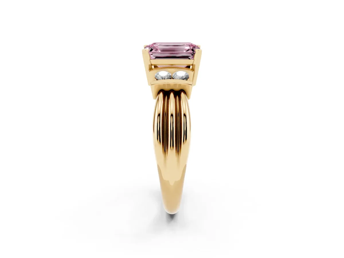 Fancy Pink Emerald Cut Cut Three-Stone Channel Set Ring with Bar Prongs Yellow gold