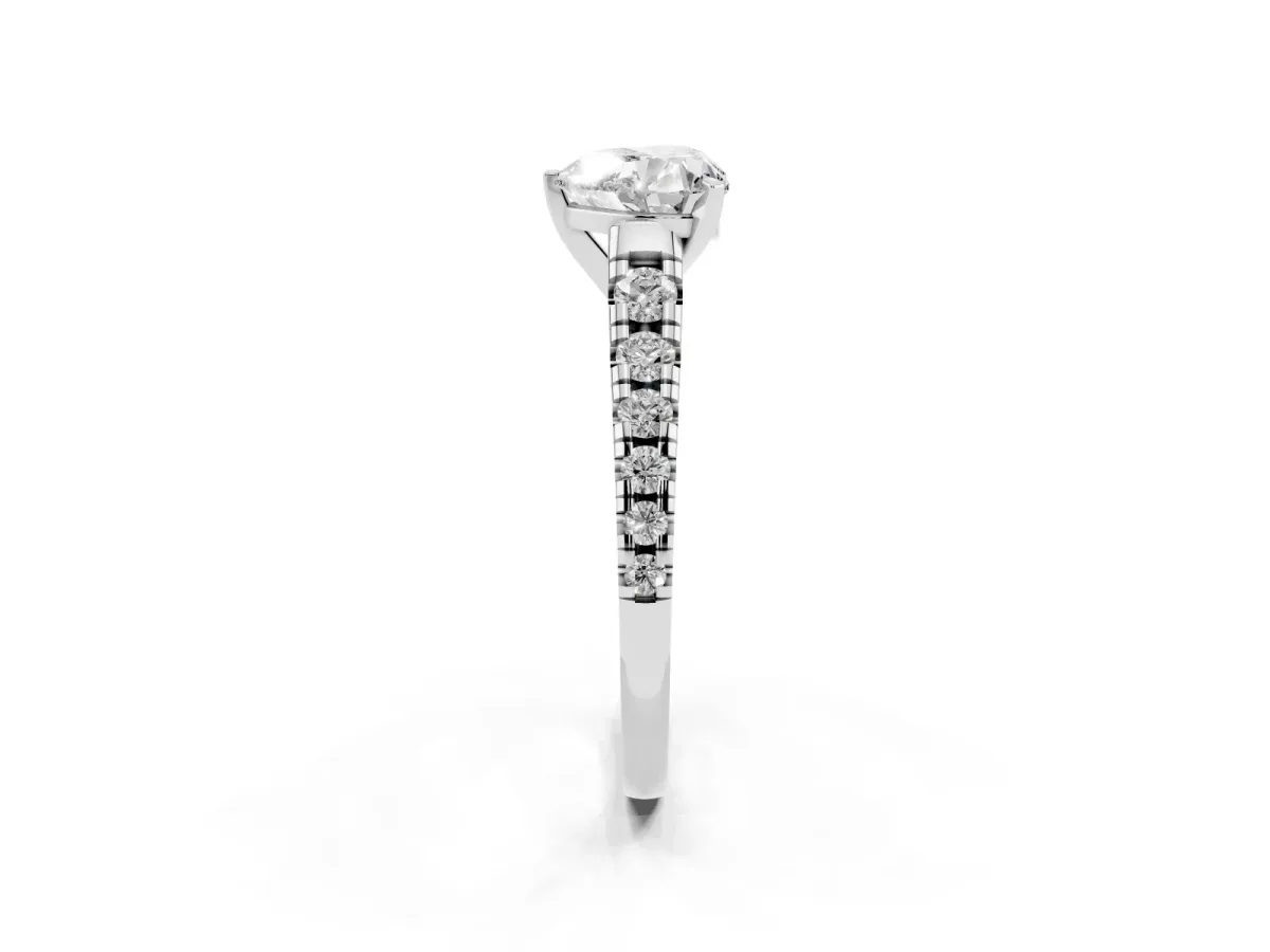 Heart Cut Diamond Cathedral Solitaire Ring with Round Pavé Band Silver