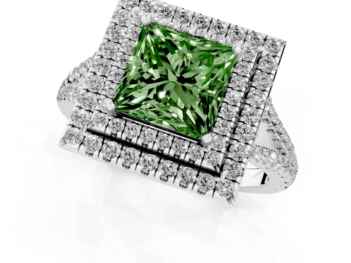 Fancy Green Princess Cut Diamond Double Halo Ring with Pavé Band and Prong Setting White gold