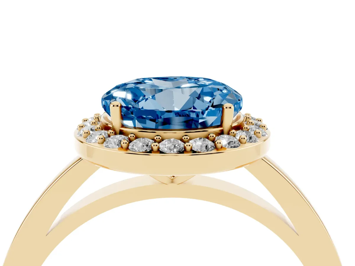 Fancy Blue Round Cut Halo Diamond Ring with Solitaire Band and Prong Setting Yellow gold