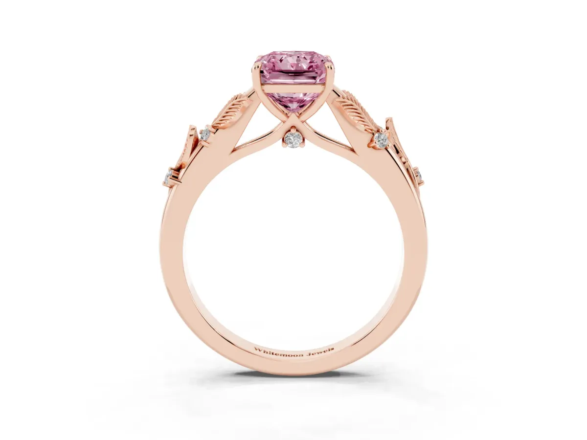 Fancy Pink Radiant Cut Diamond Solitaire Ring with Leaf Motif Band and Four-Prong Setting Rose gold