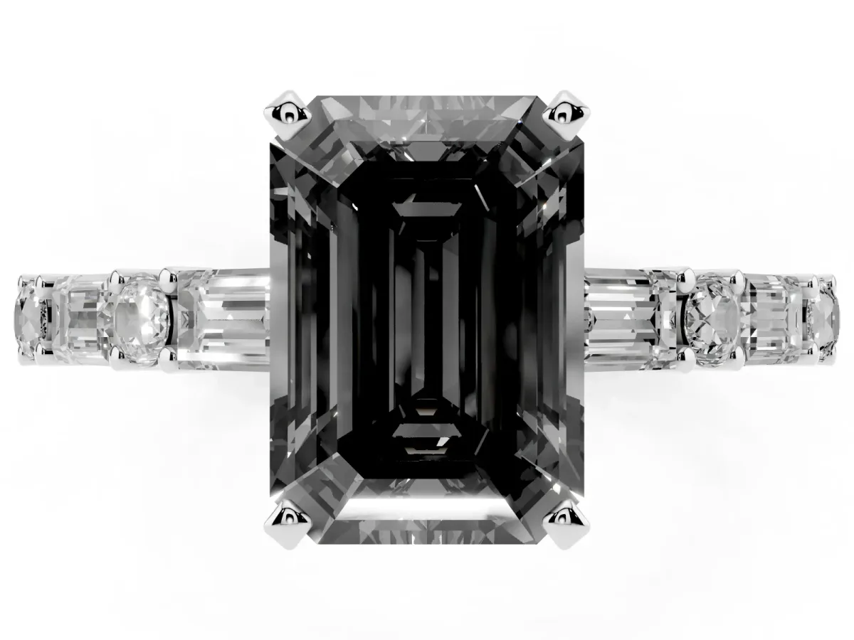 Fancy Black Emerald Cut Diamond Solitaire with Side Baguettes and Channel Set Band Silver