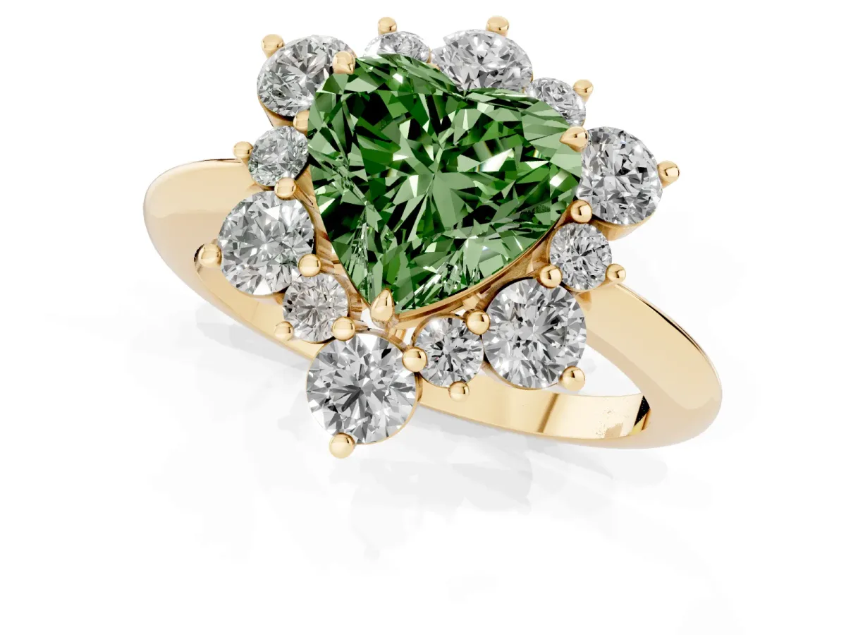 Fancy Green Heart Cut Diamond Cluster Halo Ring with Solitaire Band and Four-Prong Setting Yellow gold