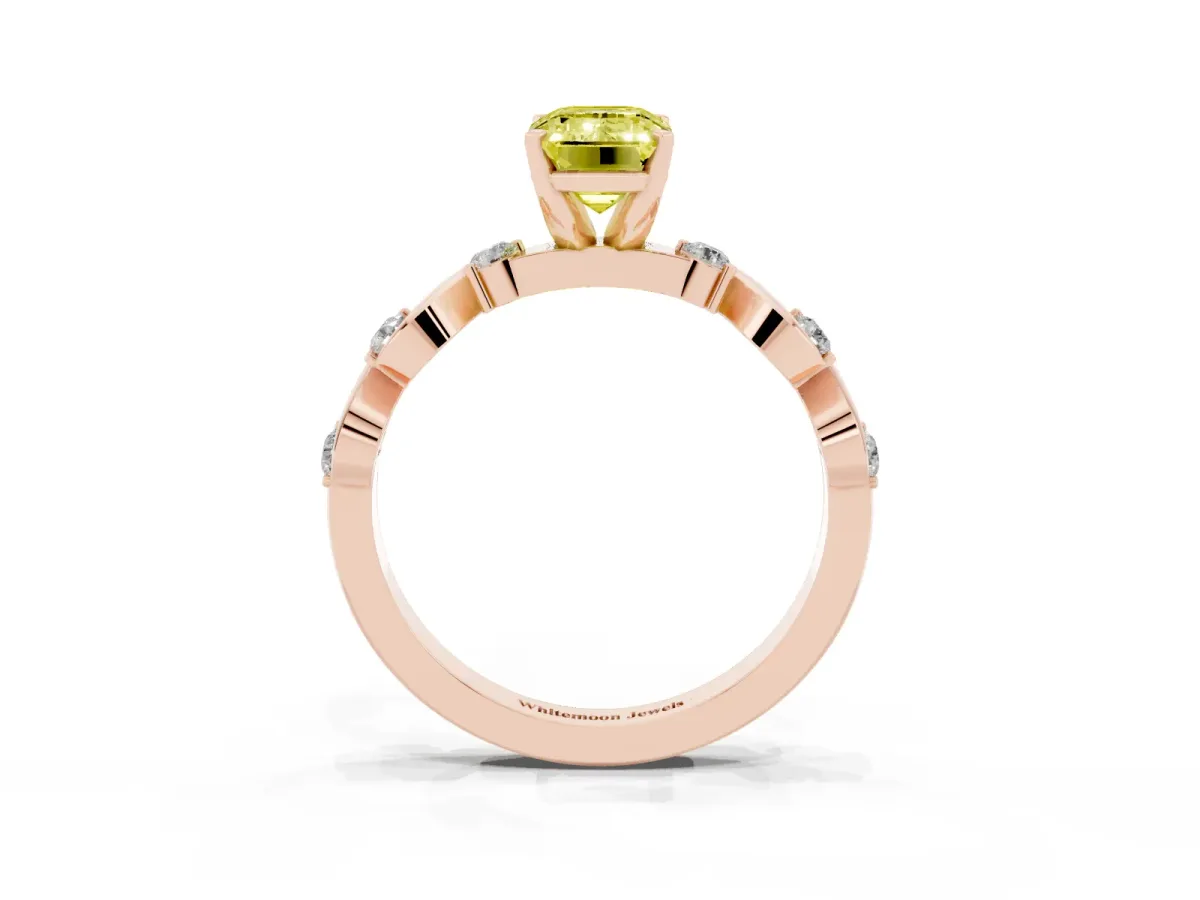 Fancy Yellow Emerald Cut Diamond Solitaire Twisted Band with Round Accents and Prong Setting Rose gold