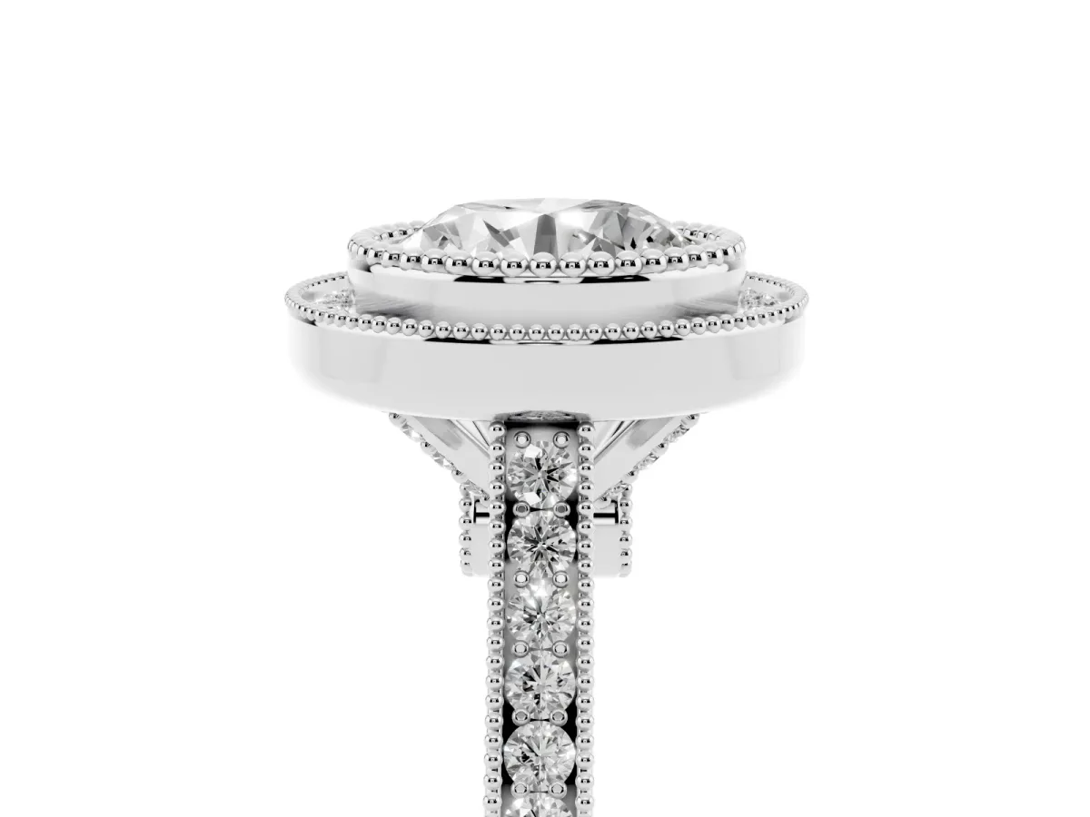 Round Cut Diamond Halo Ring with Milgrain Frame and Pavé Band Silver