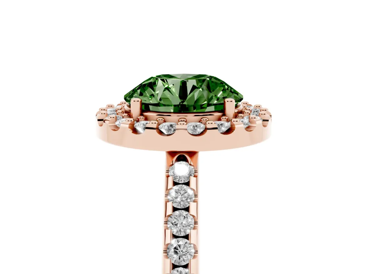 Fancy Green Round Cut Diamond Pavé Halo Ring with Four-Prong Setting Rose gold