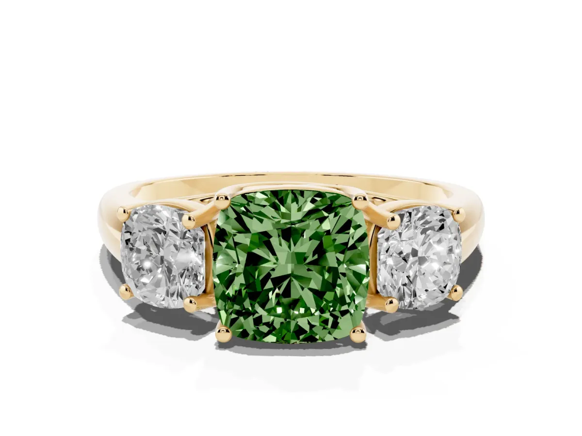 Fancy Green Three-Stone Cushion Cut Diamond Engagement Ring with Prong Setting Yellow gold
