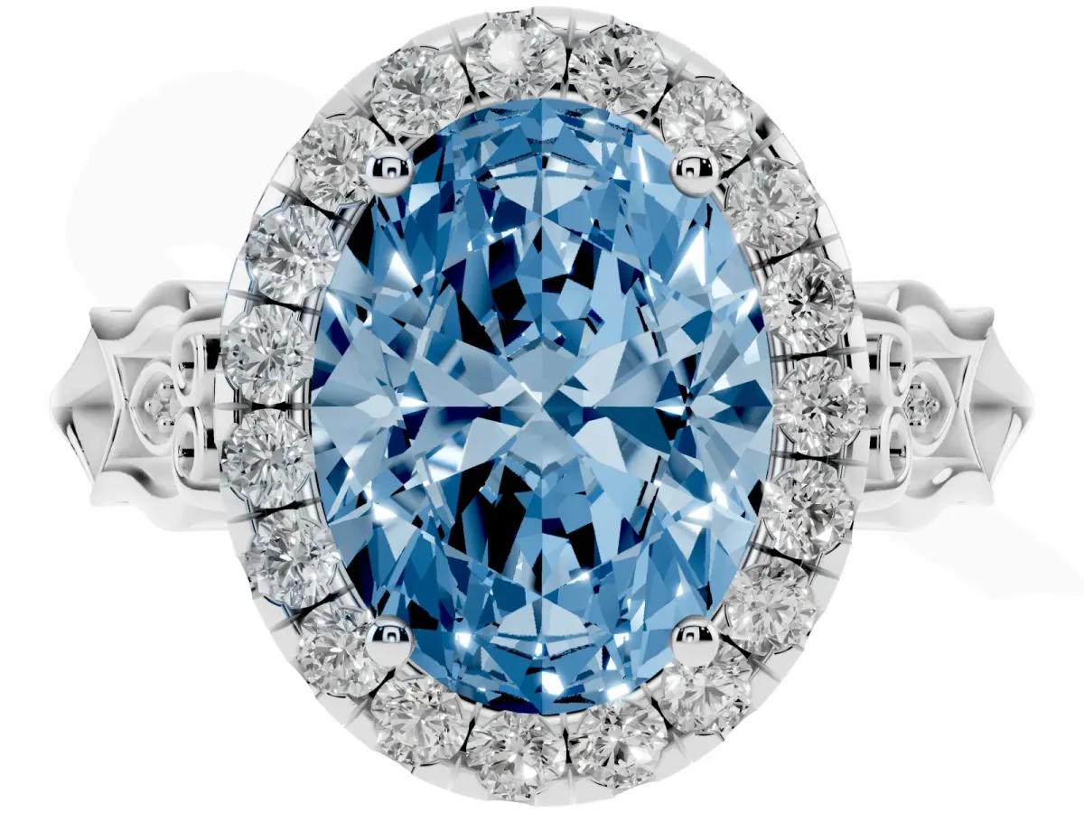 Fancy Blue Oval Cut Halo Diamond Engagement Ring with Filigree Band and Four-Prong Setting White gold