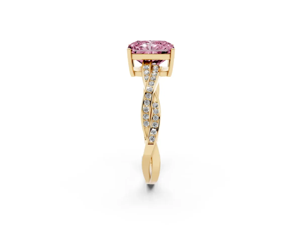 Fancy Pink Radiant Cut Solitaire Twisted Pave Diamond Ring with Four-Prong Setting Yellow gold