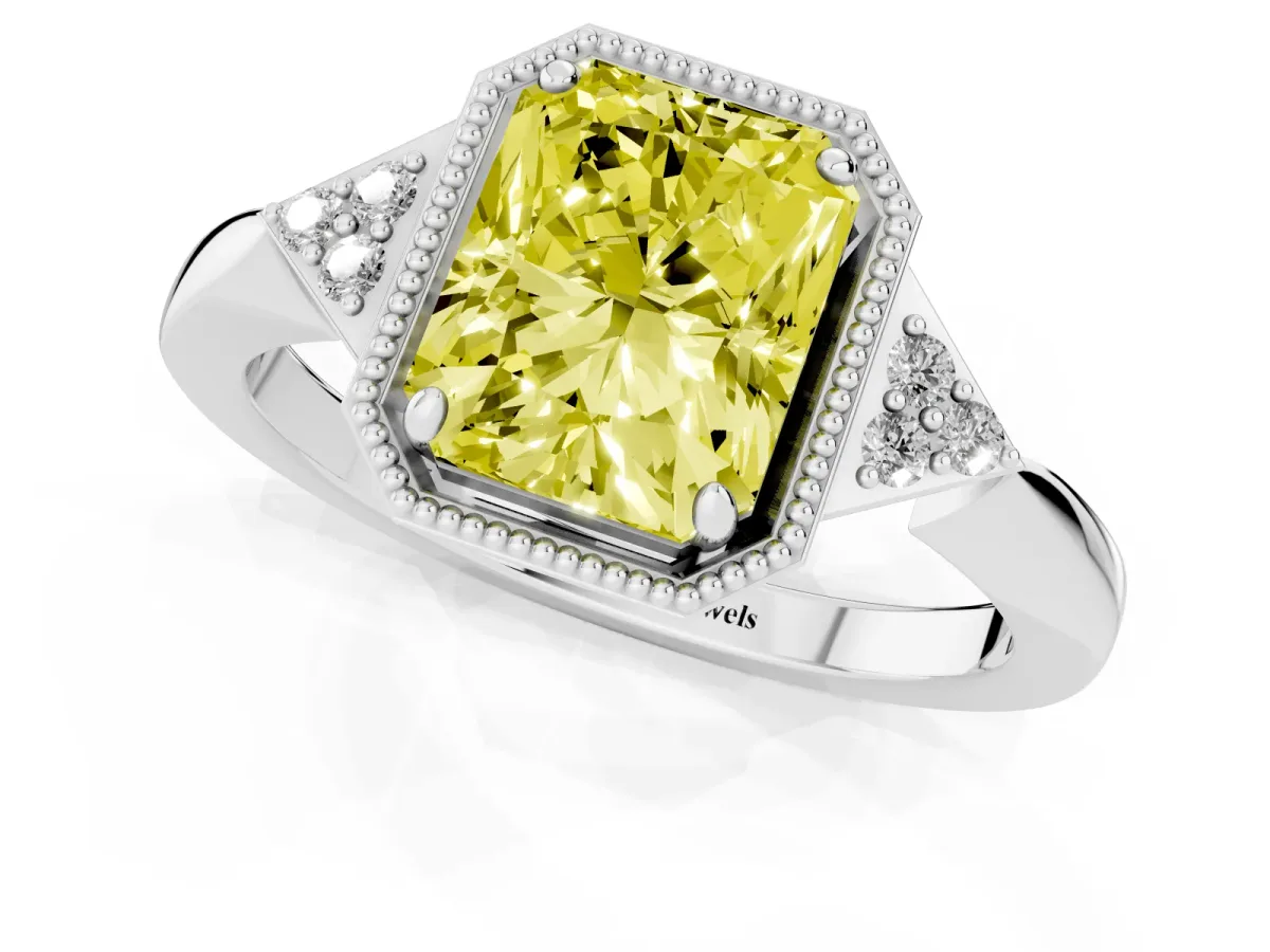 Fancy Yellow Radiant Cut Diamond Halo Ring with Tapered Band and Four-Prong Setting White gold
