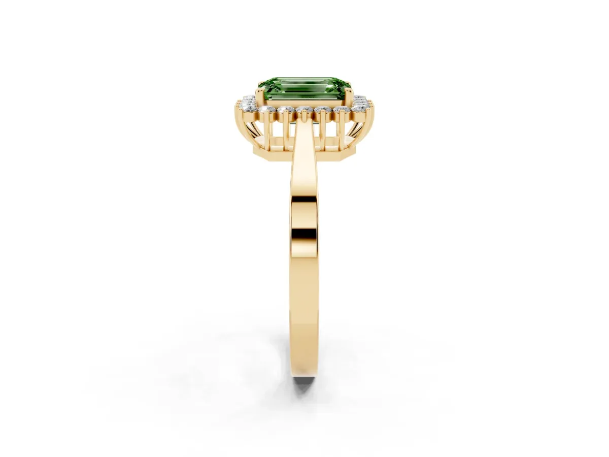 Fancy Green Emerald Cut Cut Diamond Halo Ring with Round Brilliant Halo and Solitaire Band Yellow gold