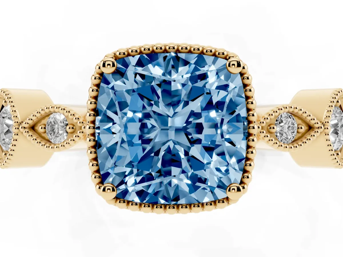 Fancy Blue Cushion Cut Diamond Vintage Milgrain Ring with Round Stations Yellow gold