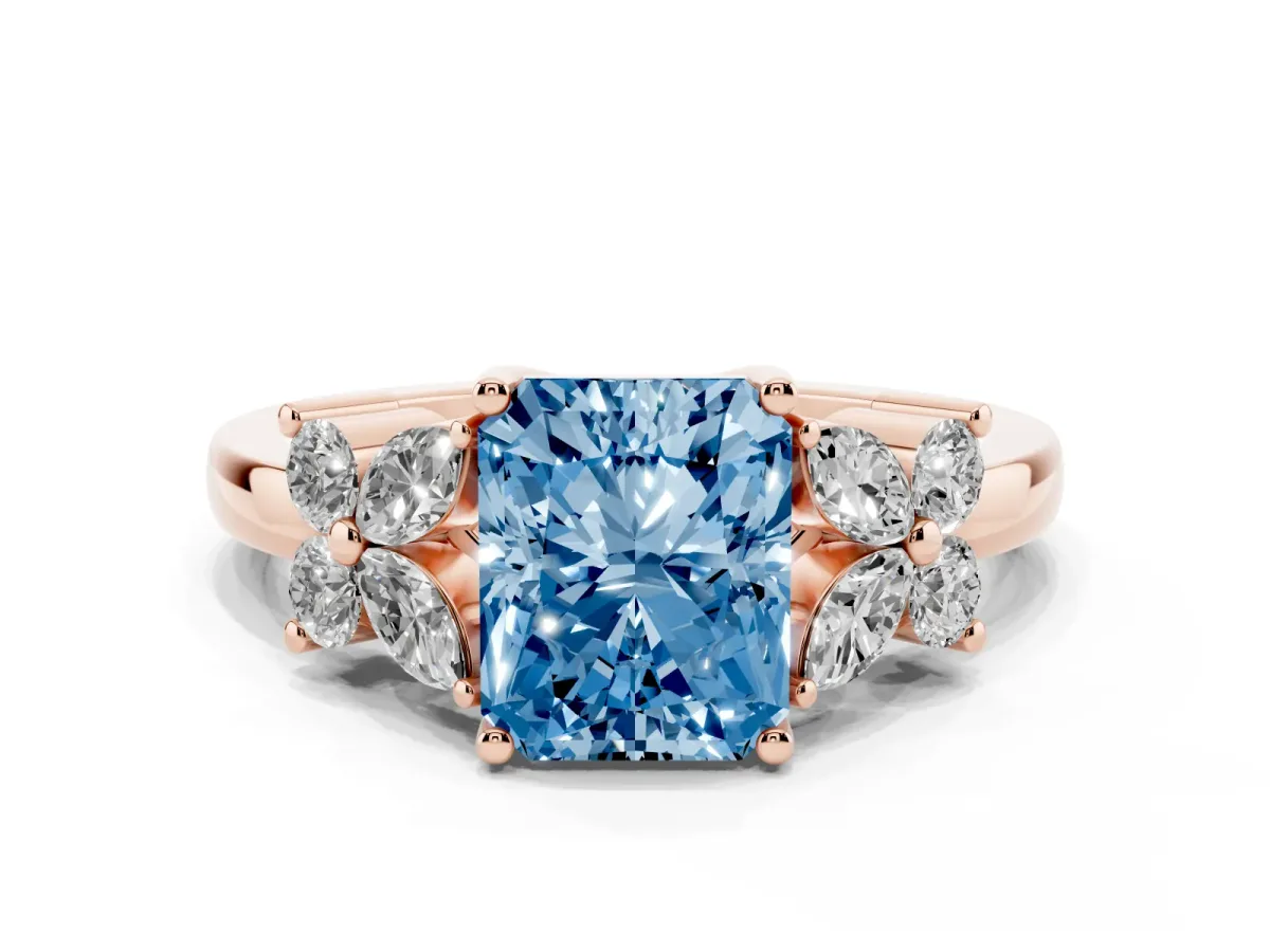 Fancy Blue Radiant Cut Diamond Floral Cluster Ring with Solitaire Band and Prong Setting Rose gold