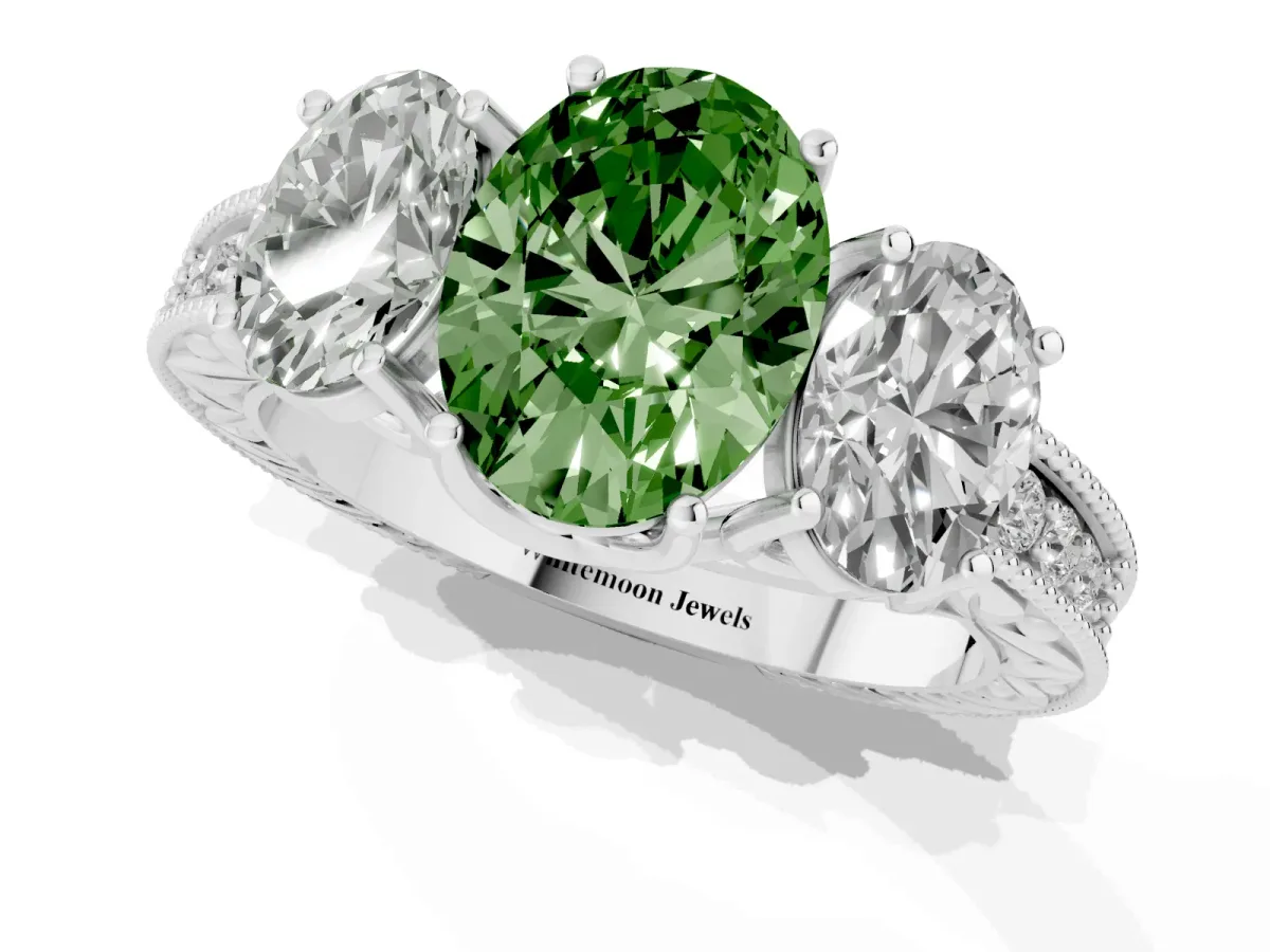 Fancy Green Three-Stone Oval Cut Cut Milgrain Pavé Engagement Ring Silver
