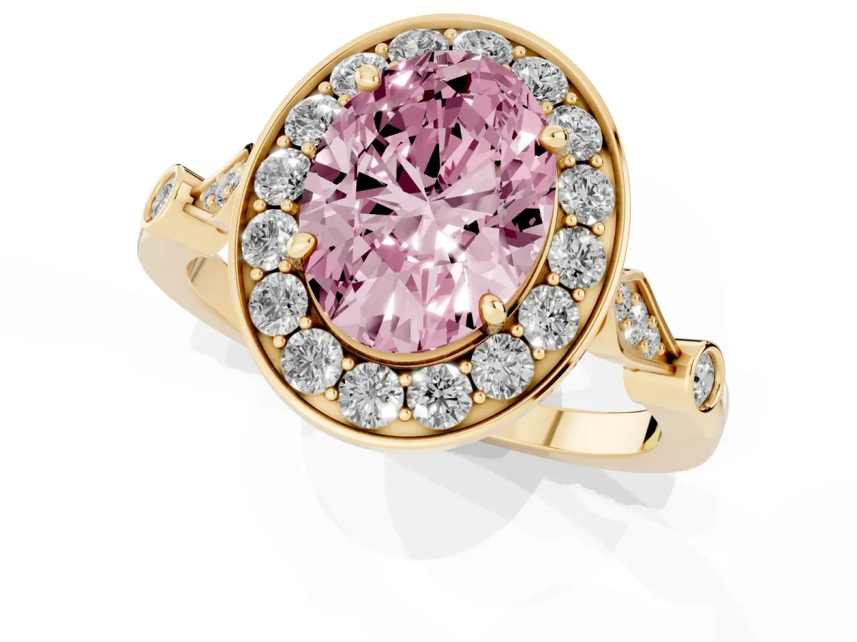 Fancy Pink Oval Cut Halo Diamond Engagement Ring with Twisted Band and Four-Prong Setting Yellow gold