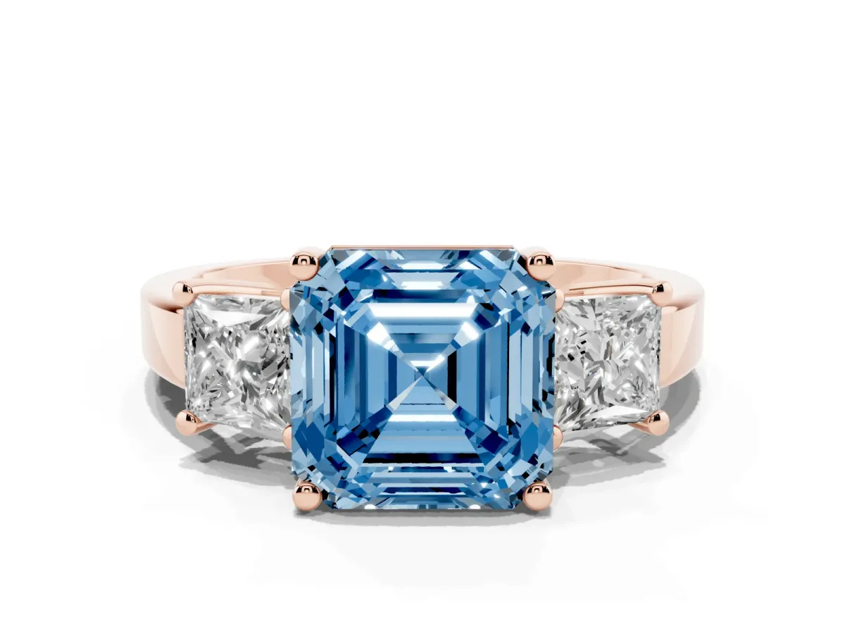 Fancy Blue Three-Stone Asscher Cut Cut Solitaire Ring with Prong Setting Rose gold