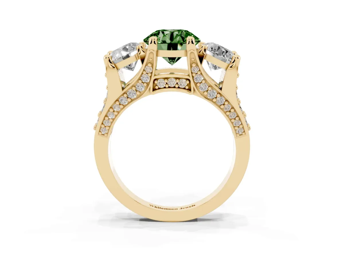 Fancy Green Round Cut Diamond Three-Stone Ring with Channel Set Band and Four-Prong Setting Yellow gold