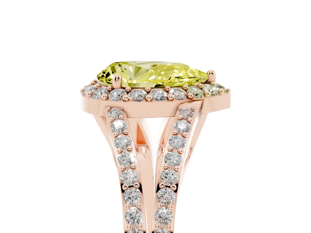 Fancy Yellow Pear Cut Halo Split Shank Diamond Ring with Prong Setting Rose gold