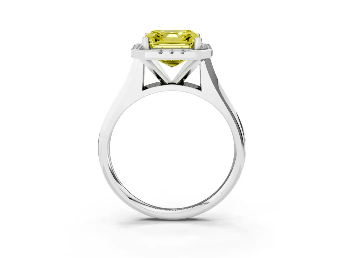 Fancy Yellow Asscher Cut Cut Halo Solitaire Engagement Ring with Square Band and Four-Prong Setting Platinum