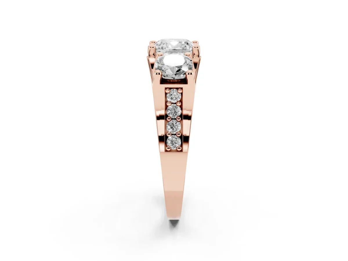 Cushion Cut Diamond Three-Stone Ring with Channel Set Band and Four-Prong Setting Rose gold