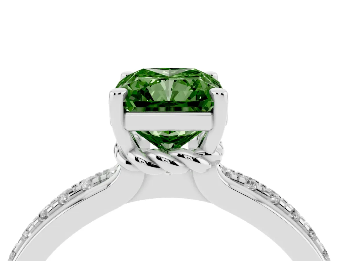 Fancy Green Radiant Cut Solitaire Diamond Ring with Channel Set Band and Six-Prong Setting Silver
