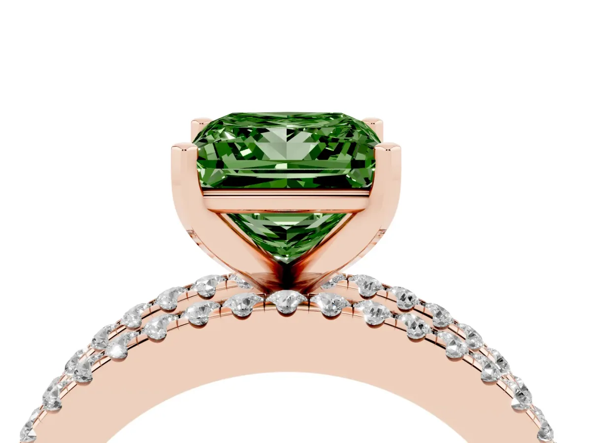 Fancy Green Princess Cut Diamond Solitaire Ring with Pavé and Channel Set Band Rose gold