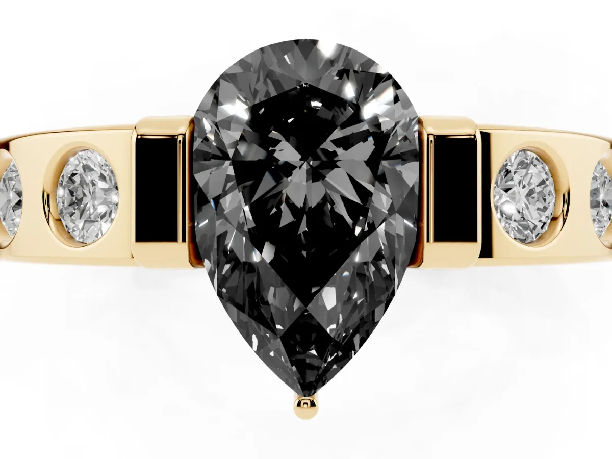 Fancy Black Pear Cut Brilliant Channel-Set Diamond Ring with Bezel Prong Setting Yellow gold
