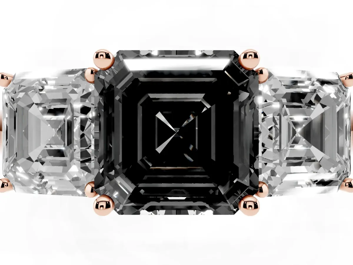 Fancy Black Three-Stone Asscher Cut Cut Diamond Engagement Ring with Prong Setting on a White Gold Band Rose gold