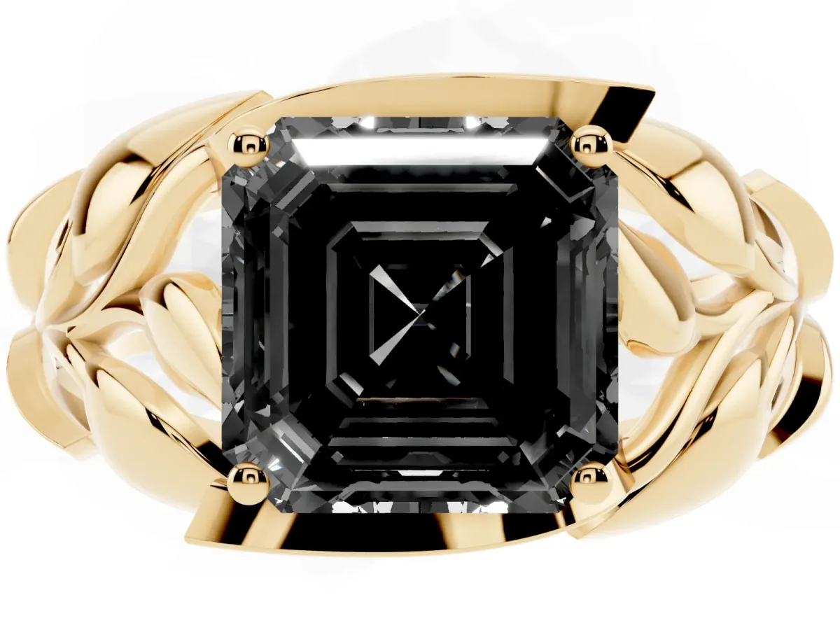 Fancy Black Asscher Cut Diamond Leaf-Inspired Engagement Ring with Round Accents and Prong Setting Yellow gold