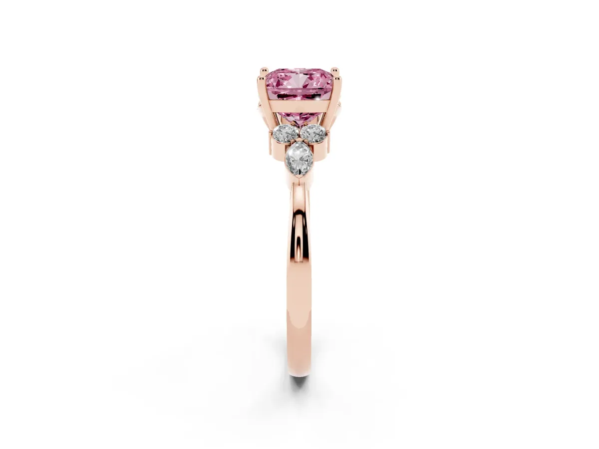 Fancy Pink Cushion Cut Brilliant Diamond Solitaire Ring with Pear Side Stones and Four-Prong Setting Rose gold